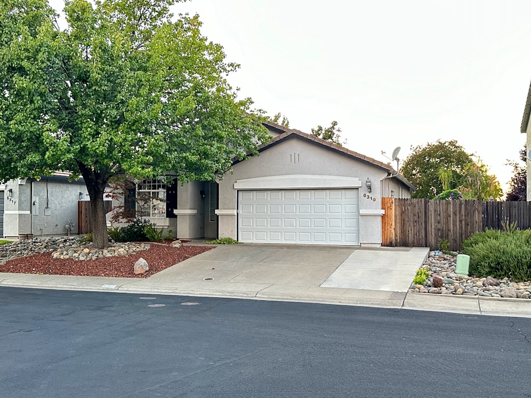 A suburban house with a white garage and green tree.