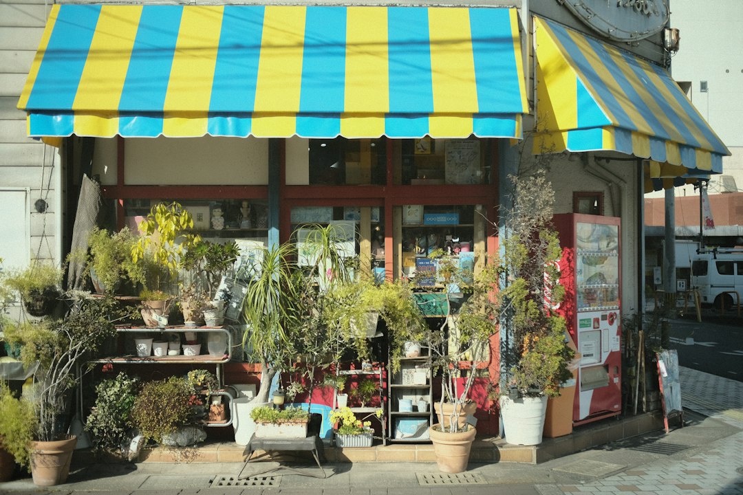 A small shop with many plants outside